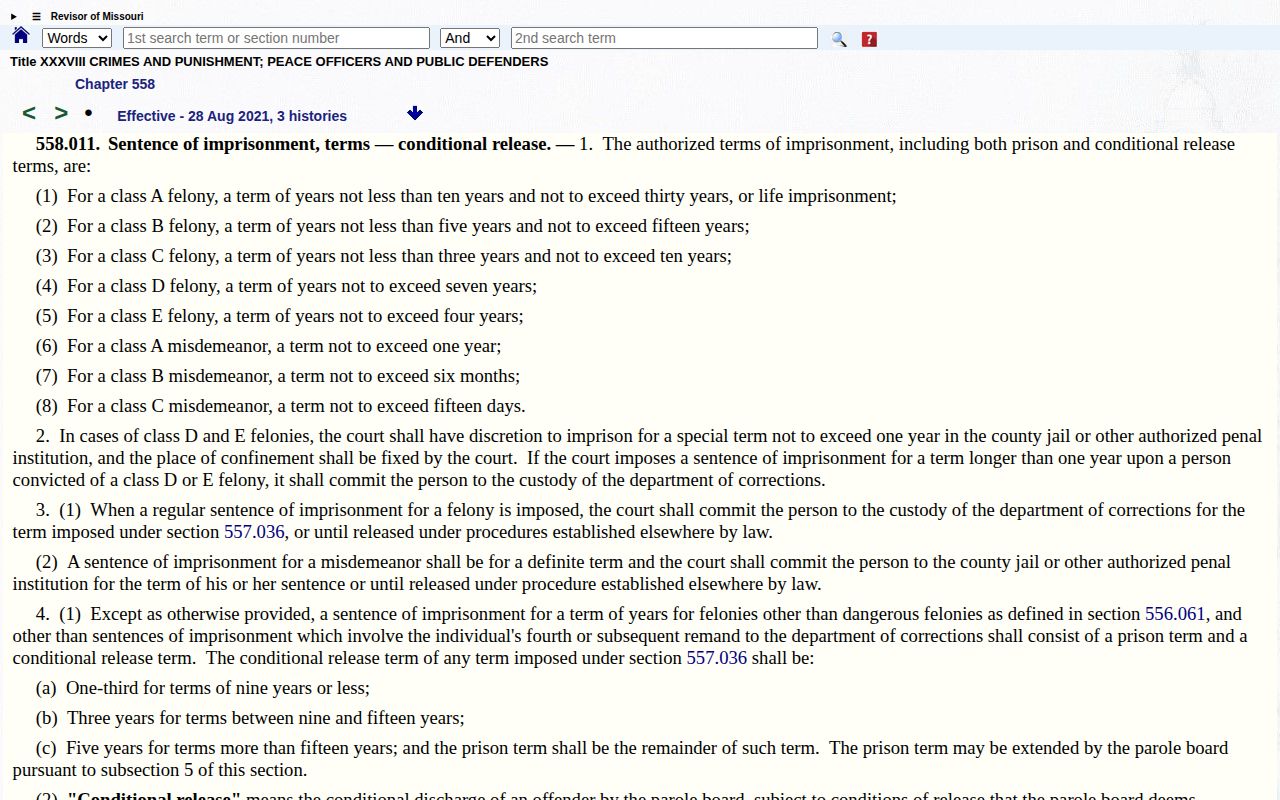 Missouri Revised Statutes section 558.011 conditional-release structure