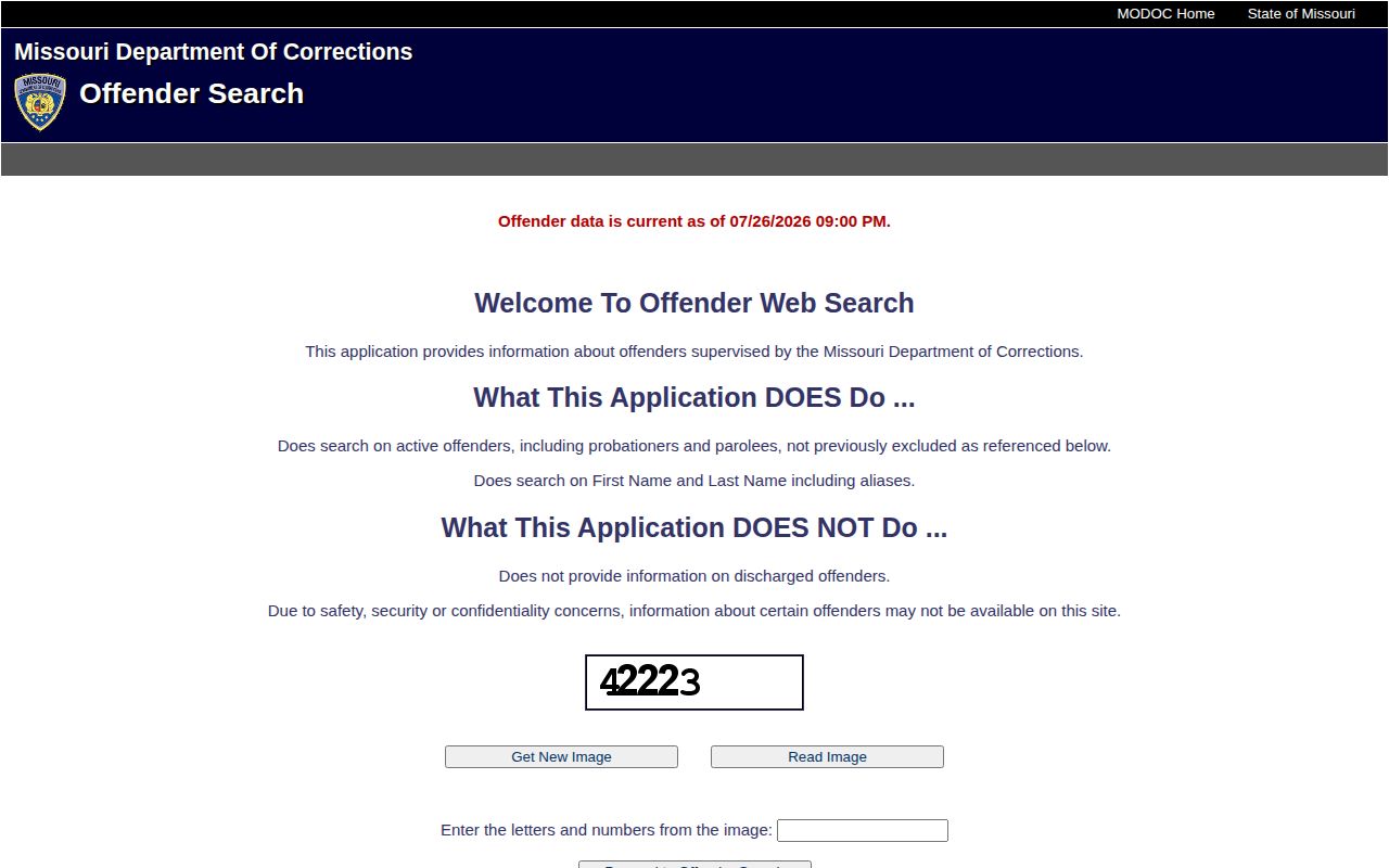 Missouri DOC Offender Search entry screen